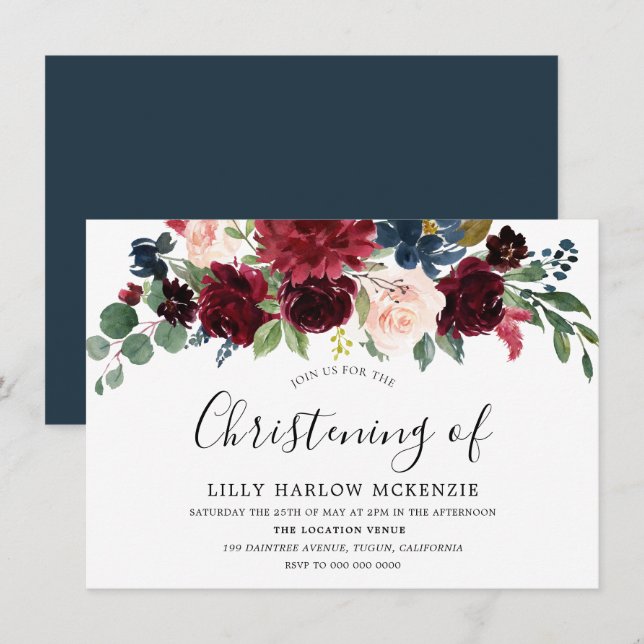Burgundy Red Vin Modern Christening-inbjudan Inbjudningar (Fram/baksida)