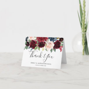 Burgundy Red Vin Watercolor Blommigt Bröllop Tack Kort