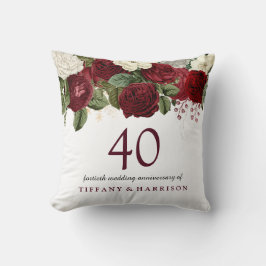 Burgundy Red Vit ros 40:e Bröllop-årsdagen Kudde