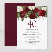 Burgundy Red Vit ros 40:e födelsedagen Party Inbju