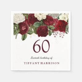 Burgundy Red Vit ros 60:e Födelsedagsfesten Pappersservett