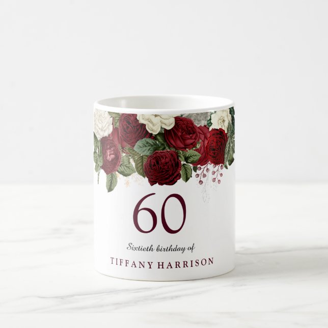 Burgundy Red Vit ros 60:e födelserbjudande Kaffemugg (Center)