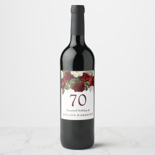 Burgundy Red Vit ros 70:e Födelsedagsfesten Vinflaska Etikett