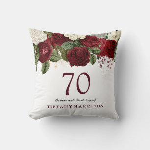 Burgundy Red Vit ros 70:e födelsedagsgåvan Kudde