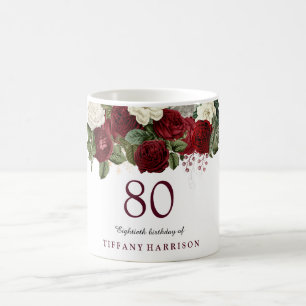 Burgundy Red Vit ros 80:e födelserbjudande Kaffemugg