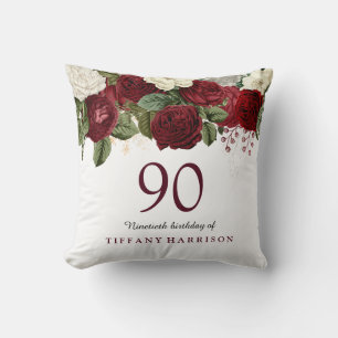 Burgundy Red Vit ros 90:e Birthday Gift Kudde