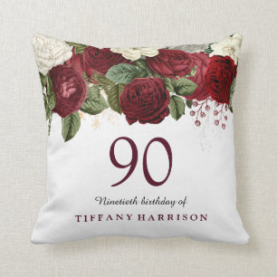 Burgundy Red Vit ros 90:e Birthday Gift Kudde