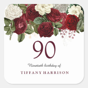 Burgundy Red Vit ros 90:e Birthday Sticker Fyrkantigt Klistermärke