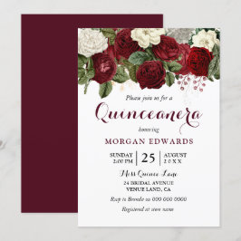 Burgundy Red Vit ros Quinceanera Inbjudan
