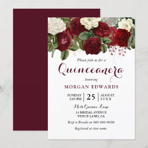 Burgundy Red Vit ros Quinceanera Inbjudan