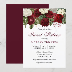 Burgundy Red Vit ros Sweet 16 Inbjudan