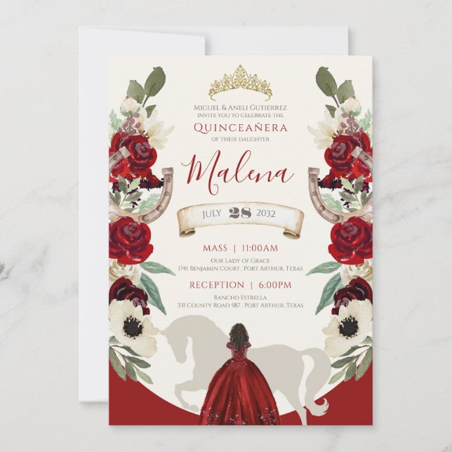 Burgundy Red Watercolor Elegant Charro Quinceanera Inbjudningar (Framsida)