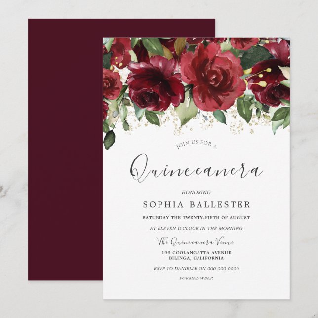 Burgundy Red Watercolor Flowers Quinceanera Party Inbjudningar (Fram/baksida)