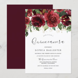 Burgundy Red Watercolor Flowers Quinceanera Party Inbjudningar