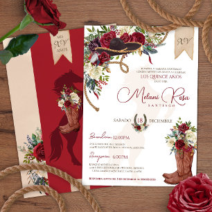 Burgundy Red Western Charro Spain Quinceanera Inbjudningar