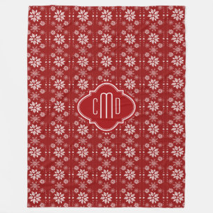 Burgundy Red & White Abstrakt jul Snöflingor Fleecefilt