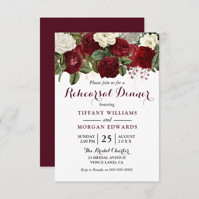 Burgundy Red White Blommigt Bröllop Rehearsal Midd Inbjudningar (Fram/baksida)