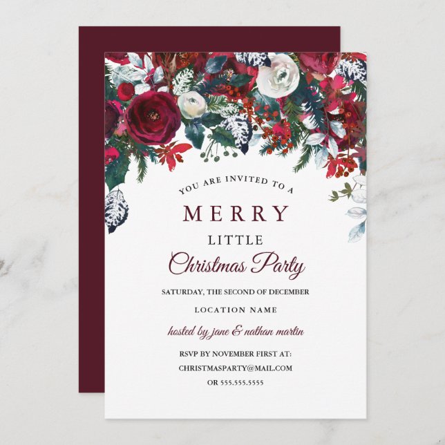 Burgundy Red White Blommigt jul Party Inbjudningar (Fram/baksida)