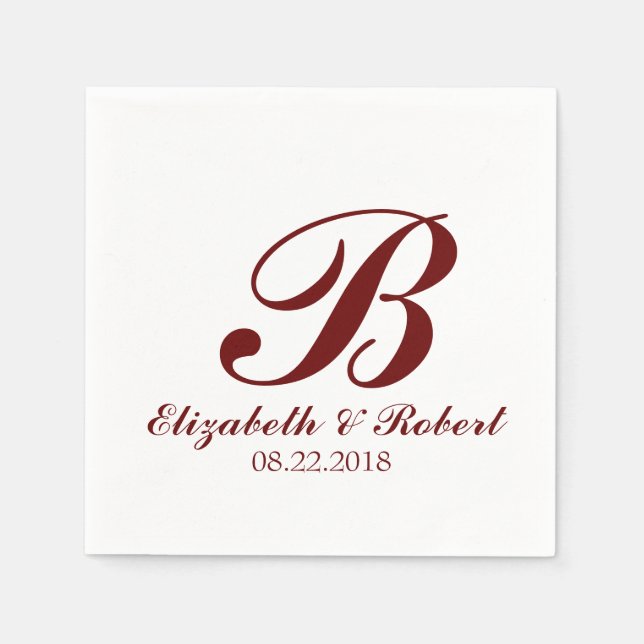 Burgundy Red White Bröllop Monogram Pappersservett (Framsidan)