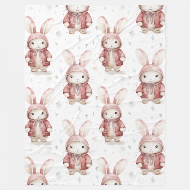 Burgundy Red White Bunnies Fleecefilt (Framsidan)