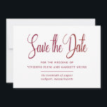Burgundy Red & White Calligraphy Save Date Spara Datumet<br><div class="desc">Elegant och tidlös burgundröd och vit design. Spara datumet är skrivet i en vacker skripttext. Ditt namn,  bröllop-datum och din plats följer. Du kan lägga till ytterligare ett meddelande på baksidan.</div>