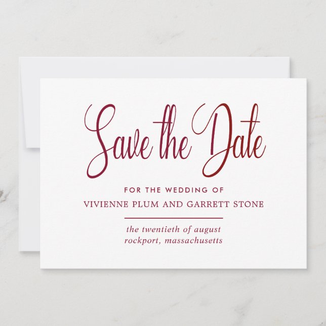 Burgundy Red & White Calligraphy Save Date Spara Datumet (Framsida)