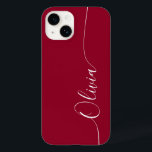 Burgundy Red White Elegant Calligraphy-skript Namn<br><div class="desc">Burgundy Red White Elegant Calligraphy Script Anpassningsbar Personlig Namn iPhone 14 Smart Phone-väskor har en modern och enkel design för trendig och snyggt med din personlig namn i elegant-handskriven calligraphy-skripttypografi på en burgundröd bakgrund. Designad av ©Evco Studio www.zazzle.com/store/evcostudio</div>