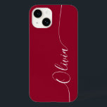 Burgundy Red White Elegant Calligraphy-skript Namn<br><div class="desc">Burgundy Red White Elegant Calligraphy Script Anpassningsbar Personlig Namn iPhone 14 Smart Phone-väskor har en modern och enkel design för trendig och snyggt med din personlig namn i elegant-handskriven calligraphy-skripttypografi på en burgundröd bakgrund. Designad av ©Evco Studio www.zazzle.com/store/evcostudio</div>