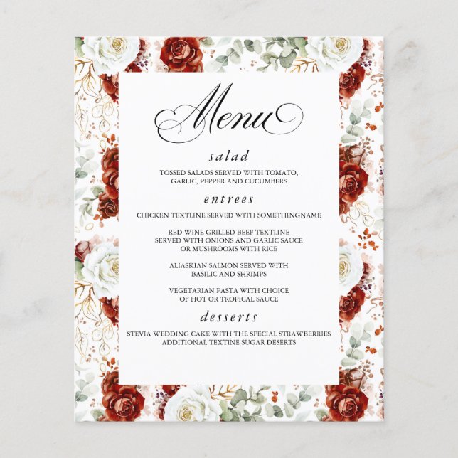 Burgundy Red White Floral Elegant Wedding Menu Flygblad (Framsidan)