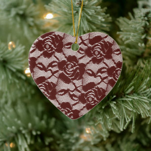 Burgundy Red White Snöre Blommigt Julgransprydnad Keramik