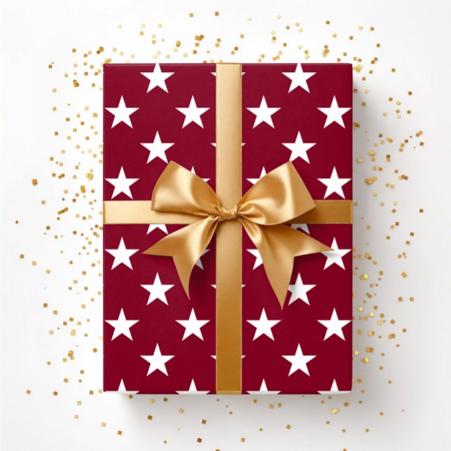 Burgundy Red White Stars jul Presentpapper (Burgundy Red White Stars Christmas Wrapping Paper)