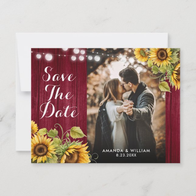 Burgundy Red Wood Solros Bröllop Photo Spara Datumet (Framsida)