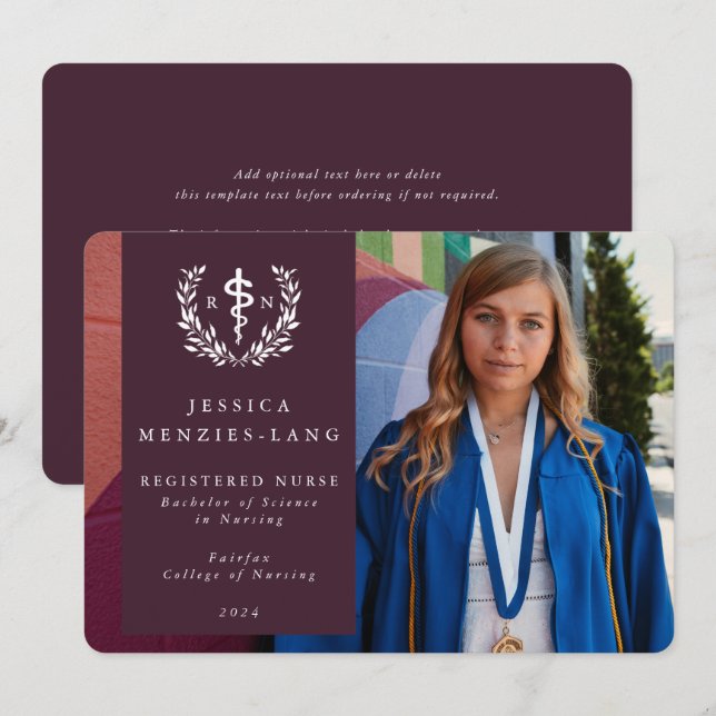 Burgundy-registrerad sjuksköterska Asclepius Grad  Meddelande (Fram/baksida)