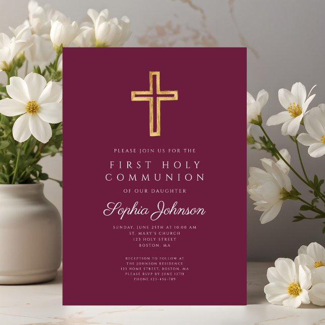 Burgundy Religious Cross Boy First Communion Inbjudningar (Burgundy Religious Cross Boy First Communion Invitation)