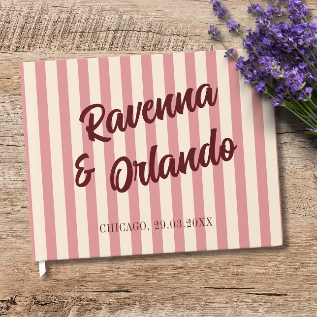Burgundy Retro Rosabruna Randiga Bröllop Gästböcker (Skapare uppladdad)