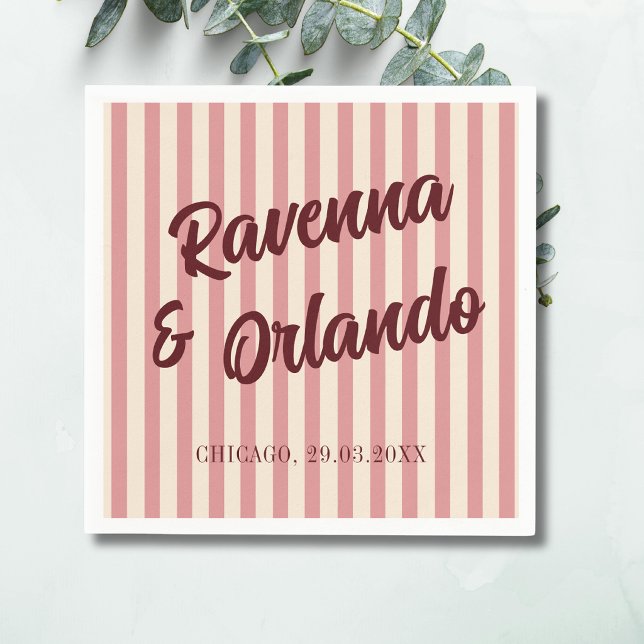 Burgundy Retro Rosabruna Randiga Bröllop Pappersservett (Skapare uppladdad)