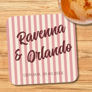 Burgundy Retro Rosabruna Randiga Bröllop Underlägg Papper Kvadrat