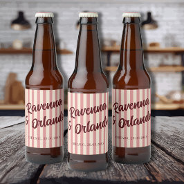 Burgundy Retro Rosenskära Randiga Bröllop Ölflaska Etikett