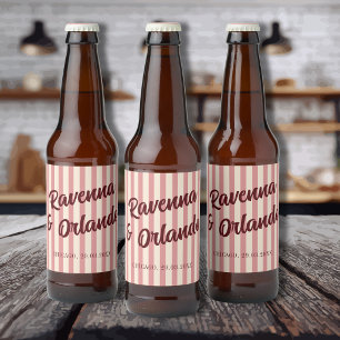 Burgundy Retro Rosenskära Randiga Bröllop Ölflaska Etikett