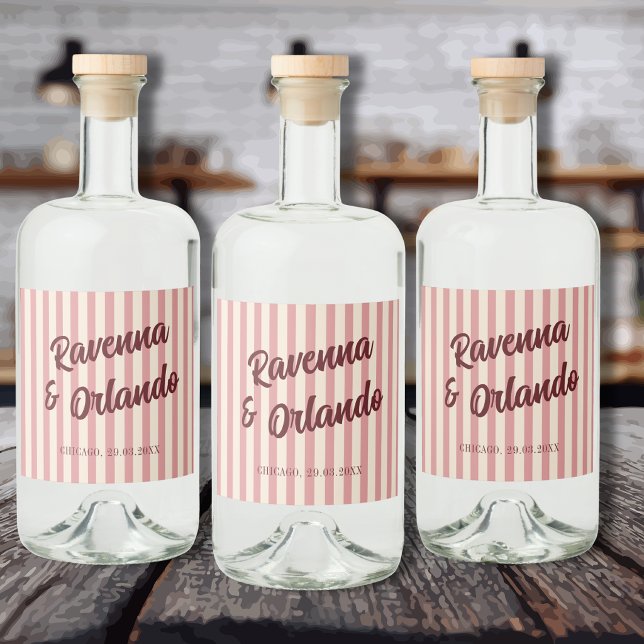 Burgundy Retro Rosenskära Randiga Bröllop Spritflaskor Etikett (Skapare uppladdad)