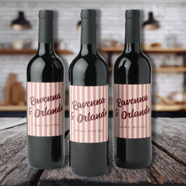 Burgundy Retro Rosenskära Randiga Bröllop Vinflaska Etikett