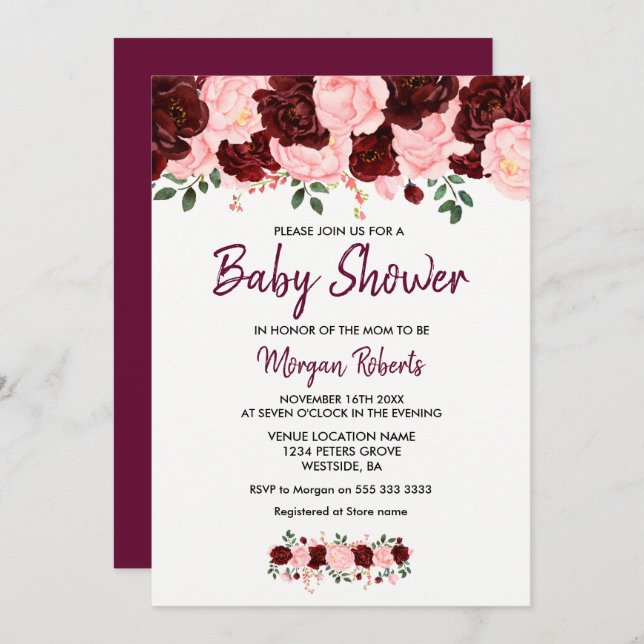  burgundy Ro Baby Shower-skript Inbjudan (Fram/baksida)