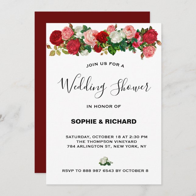 BURGUNDY RO BLOMMIGT GARLAND FLOWER BRÖLLOP SHOWE INBJUDNINGAR (Fram/baksida)