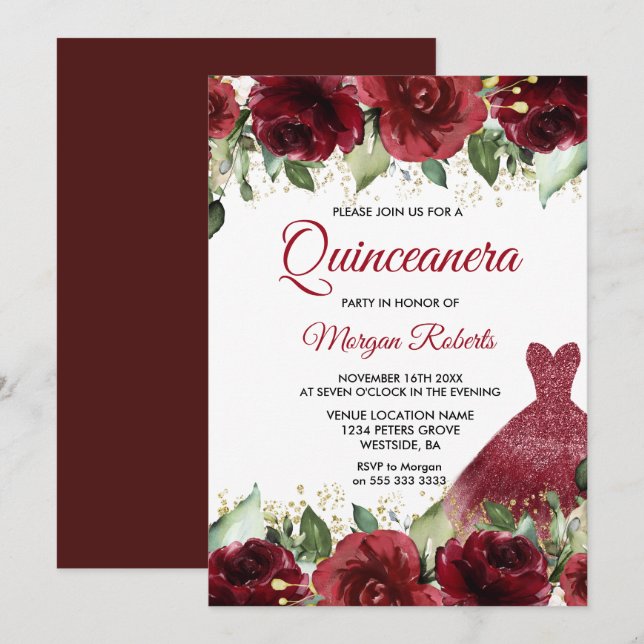 Burgundy Ro Blommigt Gown Quinceanera Party Inbjudningar (Fram/baksida)