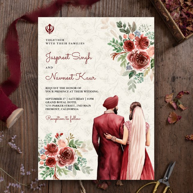 Burgundy Ro Blommigt Indian Punjabi Sikh Bröllop Inbjudningar (Skapare uppladdad)