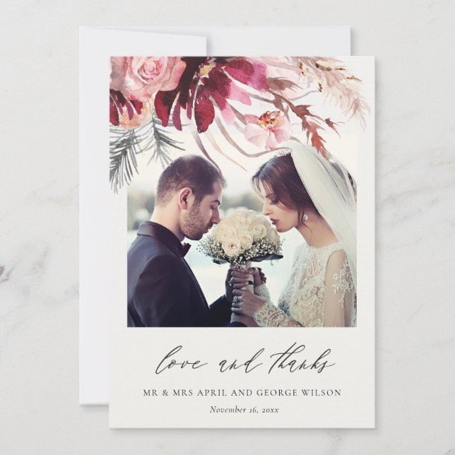 Burgundy Ro Blommigt Pampas Grass Photo Bröllop Tack Kort (Framsida)