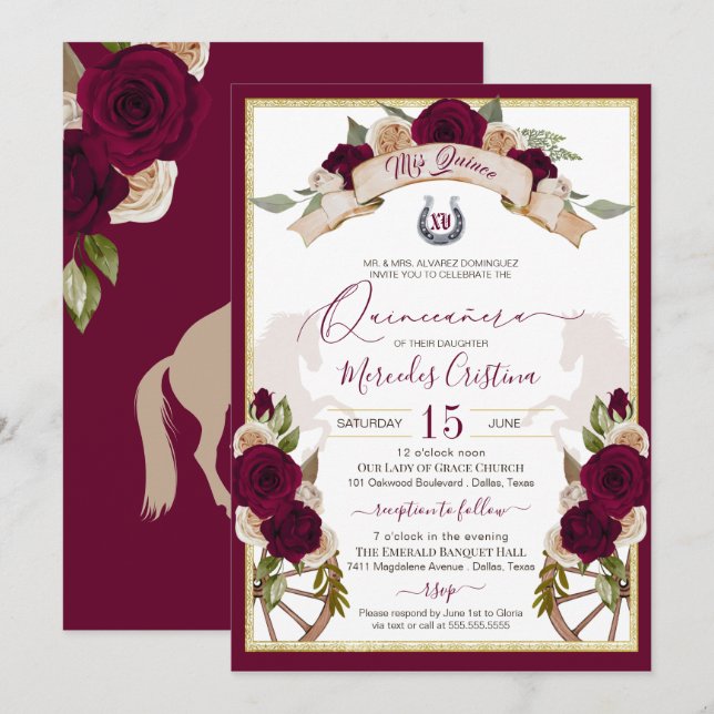 Burgundy Ro Blommigt Western Charro Quinceanera Inbjudningar (Fram/baksida)