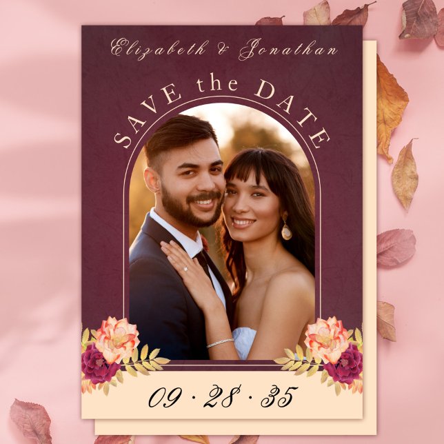 Burgundy Ro Boho Photo Bröllop spara datum Datumet (Burgundy Roses Boho Photo Wedding Save the Date)
