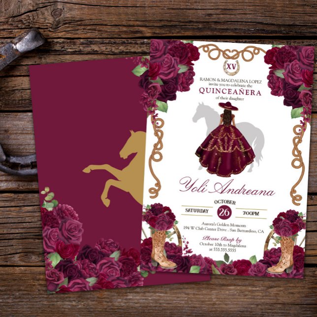 Burgundy Ro Boots Charro Vestidos Quinceañera Inbjudningar (Skapare uppladdad)