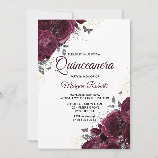 Burgundy Ro Butterflies Quinceanera Party Inbjudningar (Framsida)